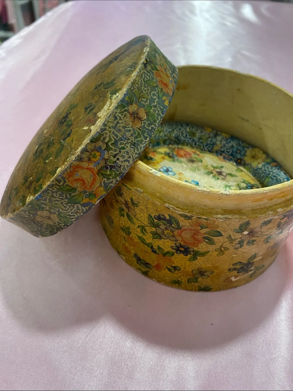 Hand-Painted Floral Round Box with Matching Coasters - Yellow Multicolor